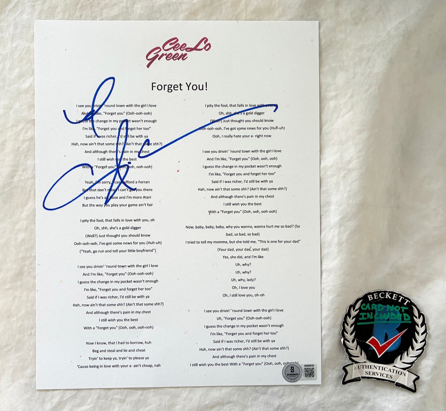 CeeLo Green Signed Lyric Sheet Forget You Beckett BAS 2