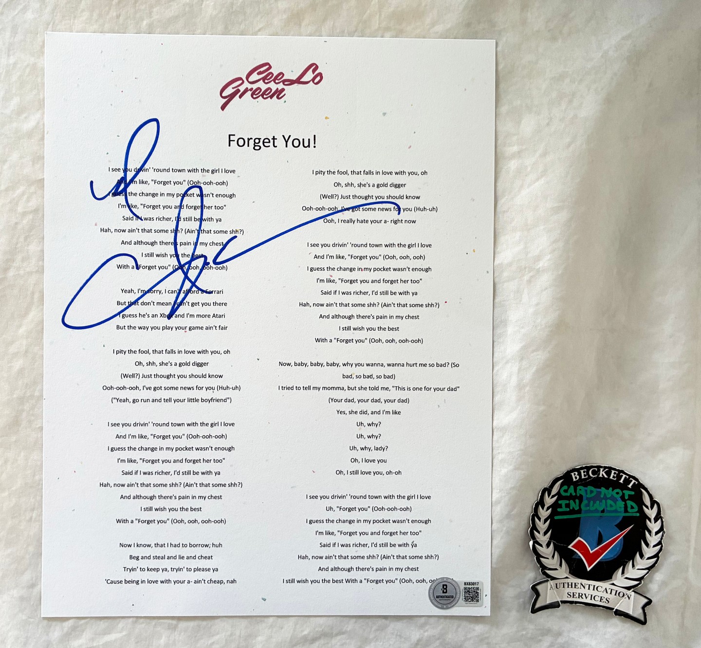 CeeLo Green Signed Lyric Sheet Forget You Beckett BAS 3