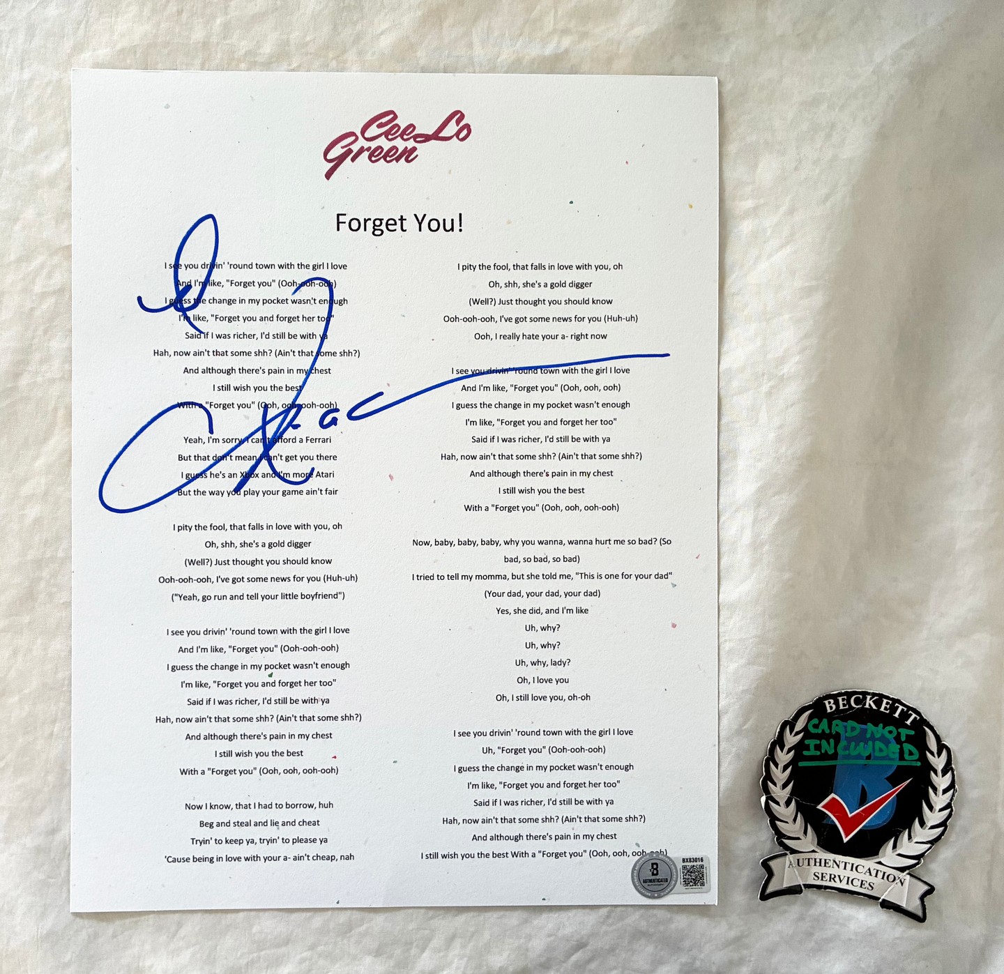 CeeLo Green Signed Lyric Sheet Forget You Beckett BAS 4