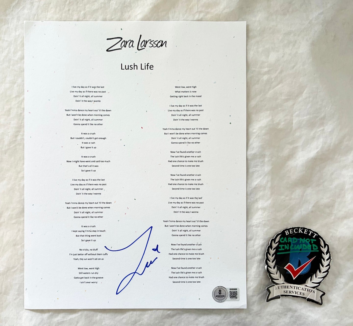 Zara Larsson Signed Lyric Sheet Lush Life Beckett BAS