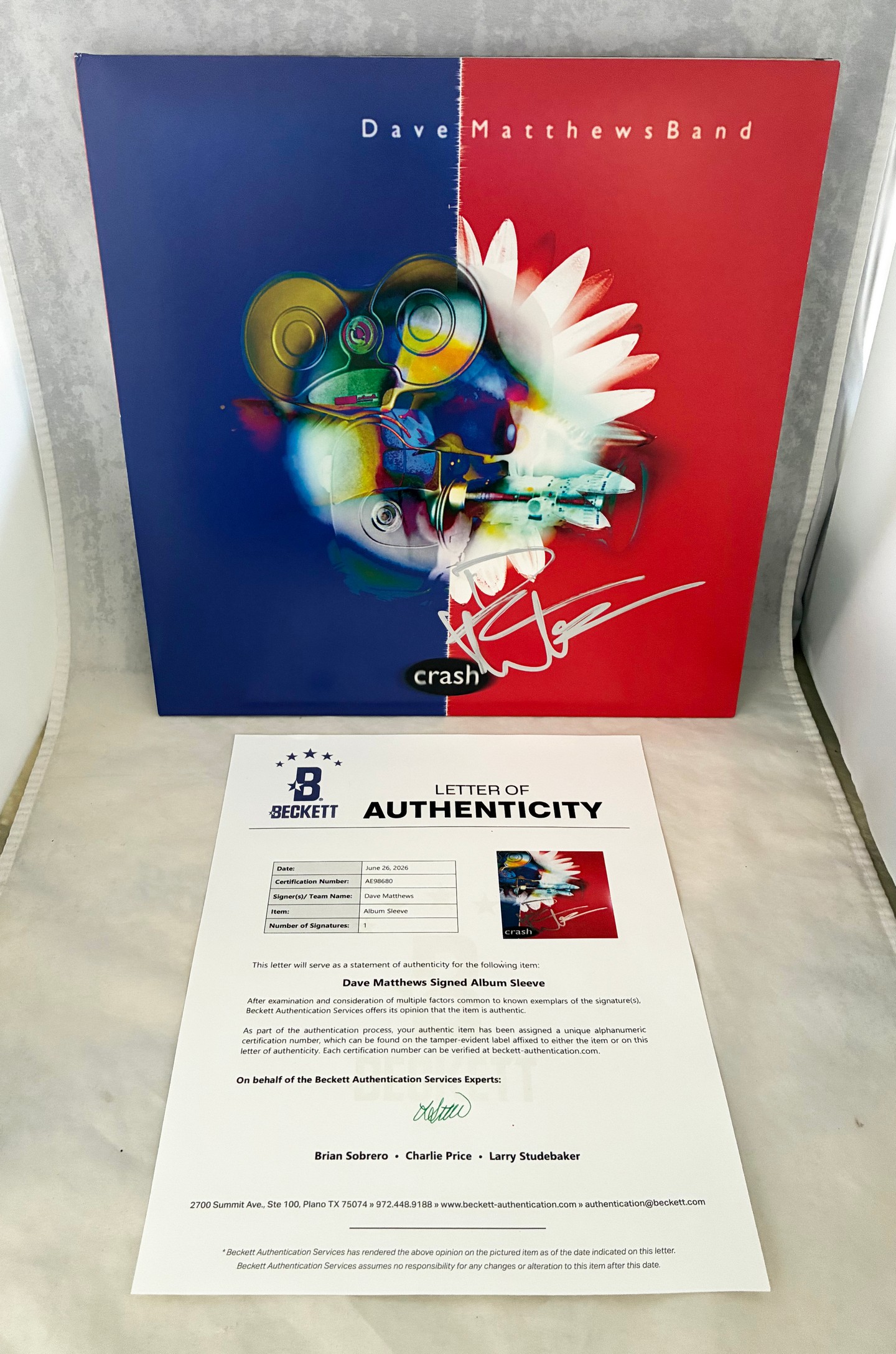 Dave Matthews Signed Vinyl LP Album Crash Beckett BAS