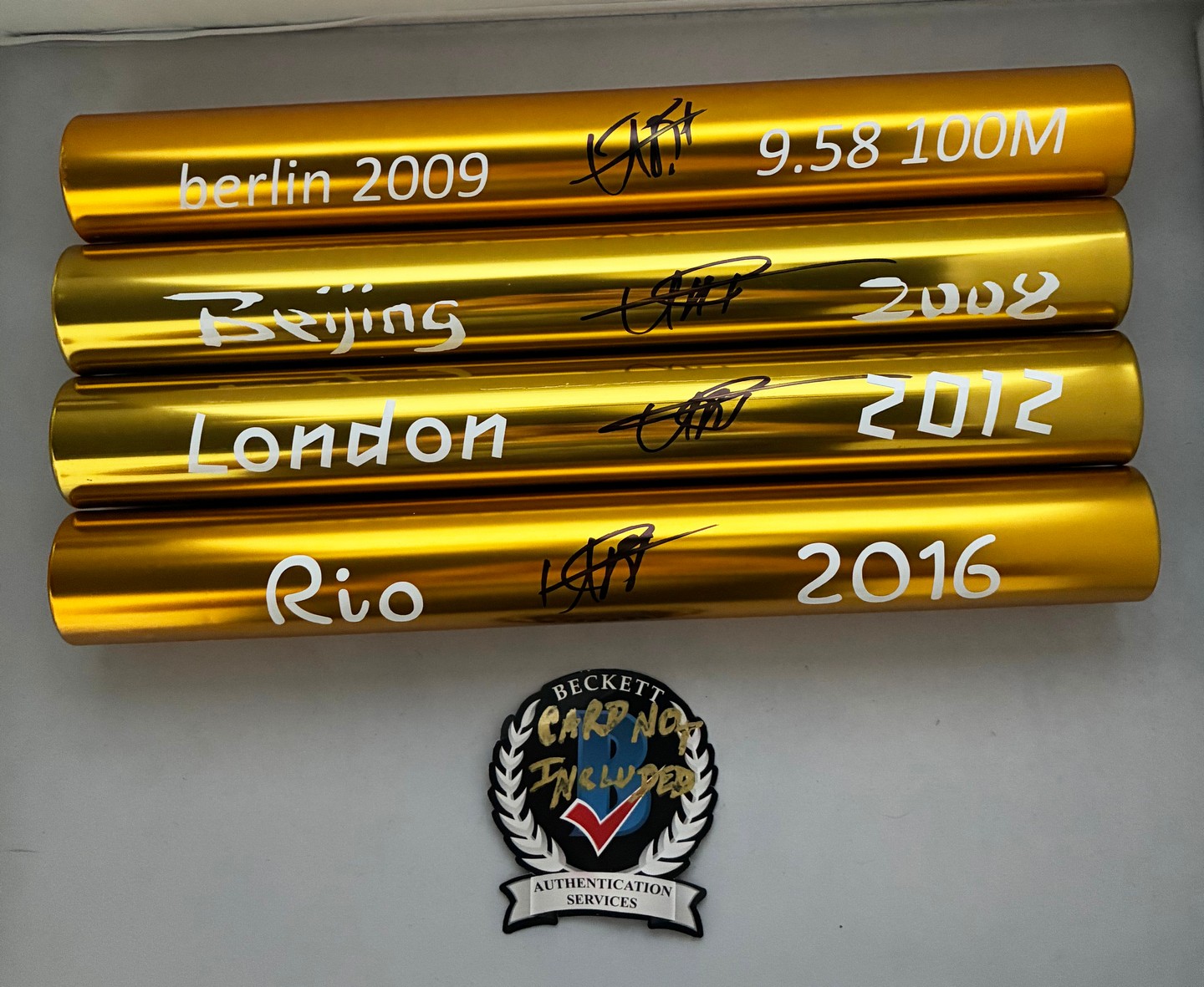 Usain Bolt Signed Baton Set 9.58 WR 2008 Beijing 2012 London 2016 Rio Olympics Beckett BAS 5