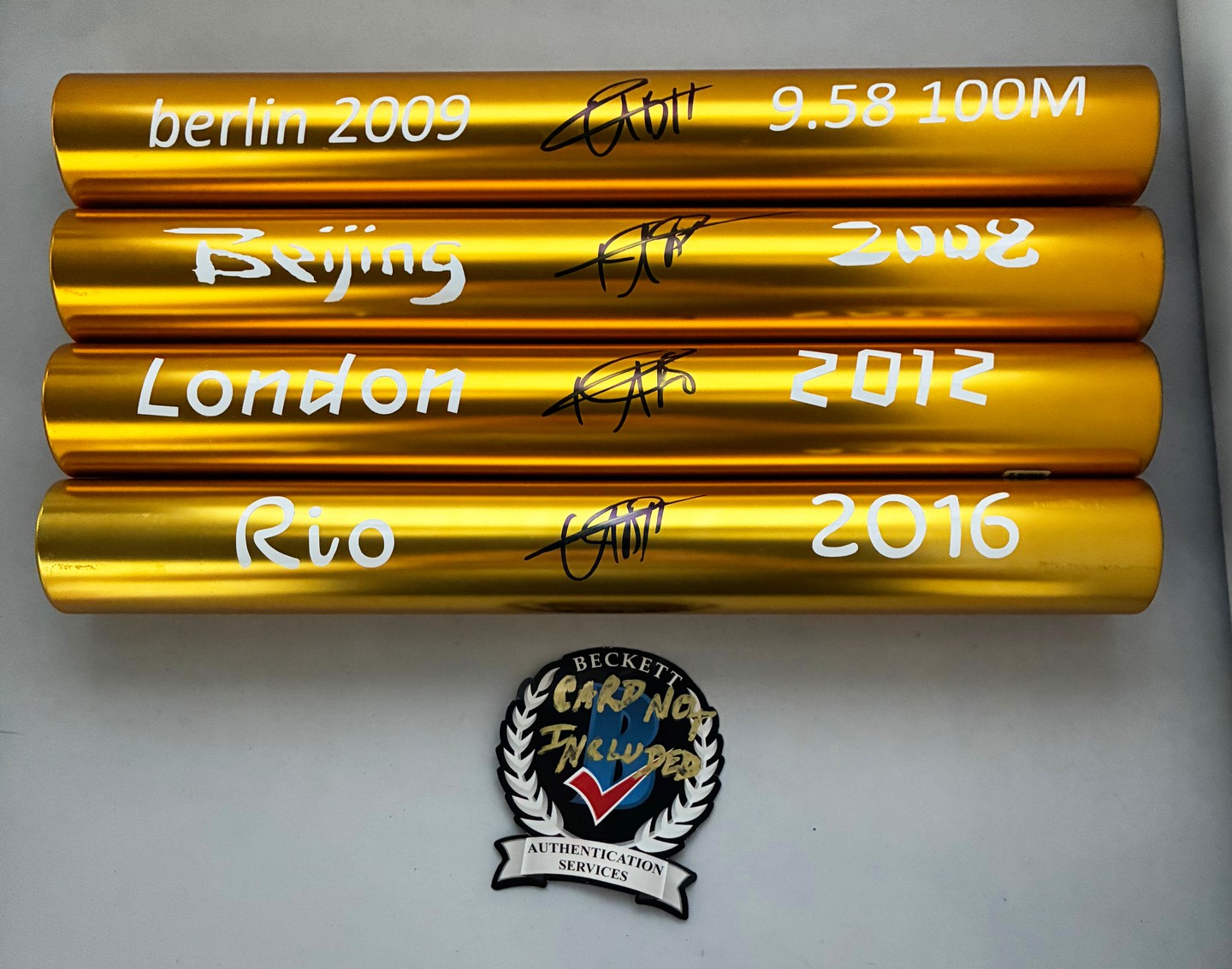 Usain Bolt Signed Baton Set 9.58 WR 2008 Beijing 2012 London 2016 Rio Olympics Beckett BAS 6