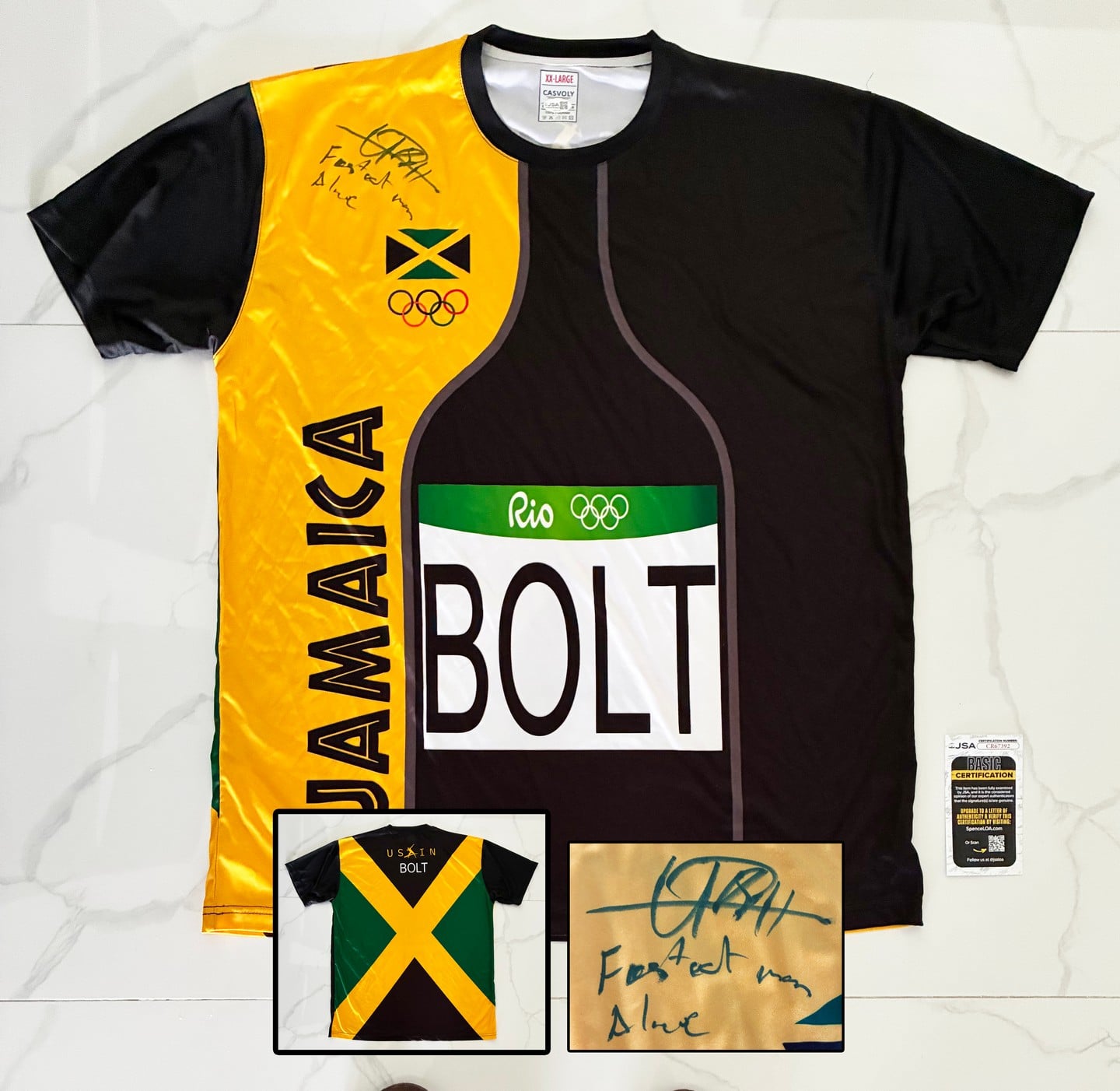 Usain Bolt Signed Jersey 2016 Olympics Rio Gold Fastest Man Alive JSA